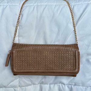 Madison West tan faux leather clutch wallet with gold studs